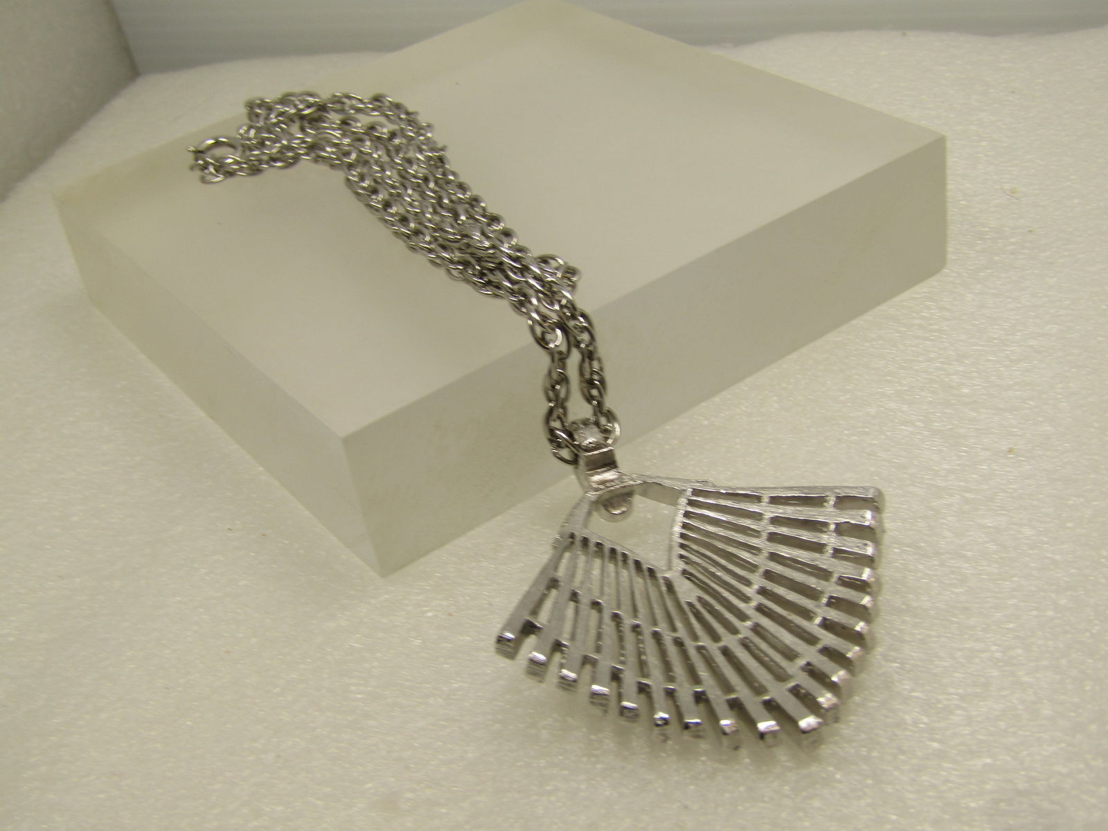 Vintage Crown Trifari Silver Tone Neckace, Tiered Pendant, 10", 1970's - 4