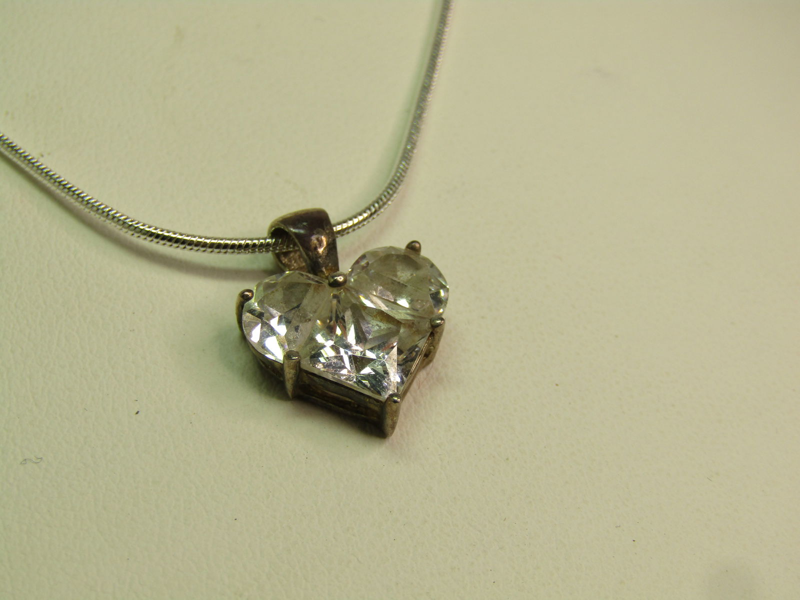 Vintage Sterlnig Heart CZ Necklace on 18" Serpentine Chain, 1980's-1990's - 2