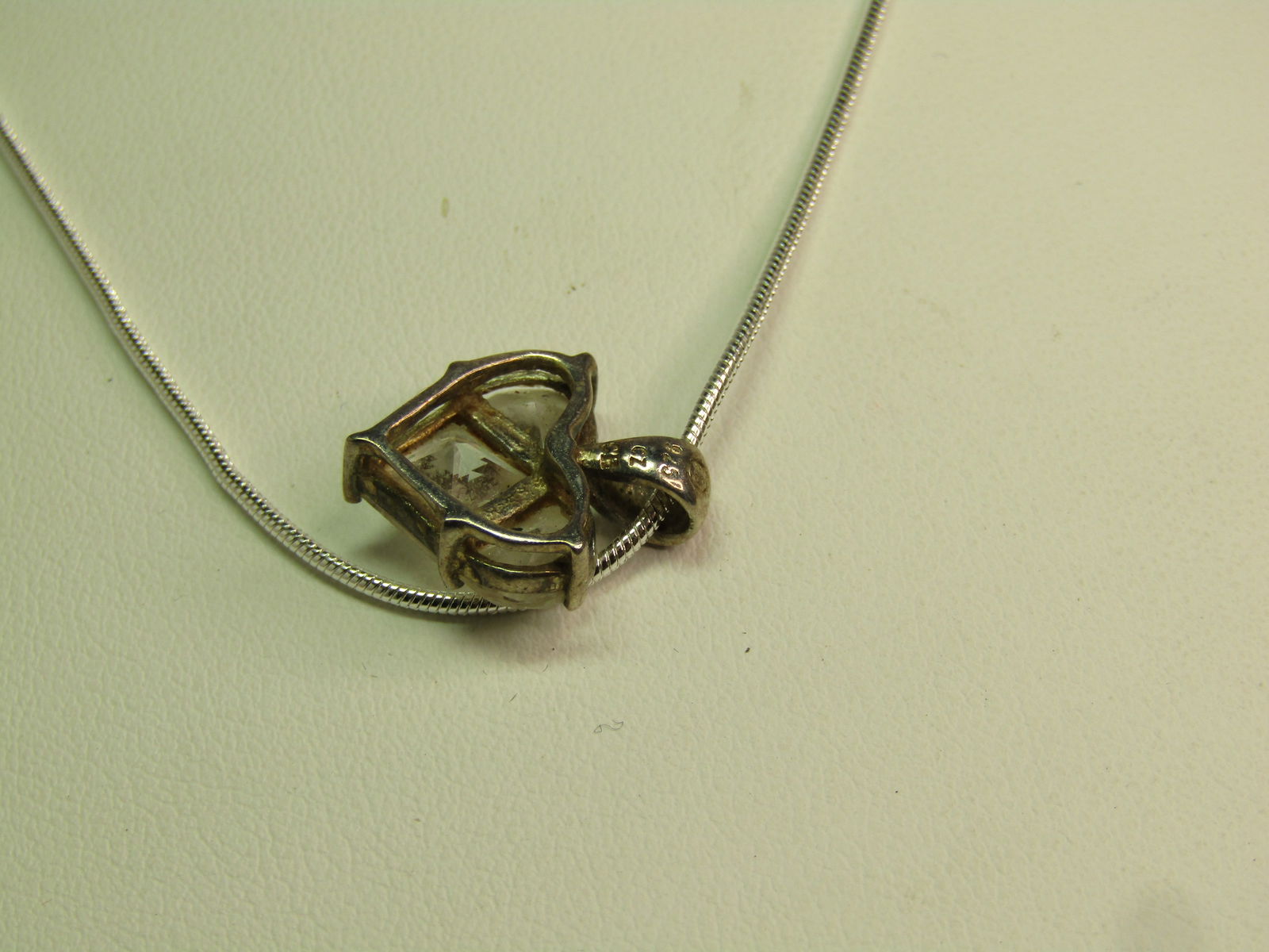 Vintage Sterlnig Heart CZ Necklace on 18" Serpentine Chain, 1980's-1990's - 3