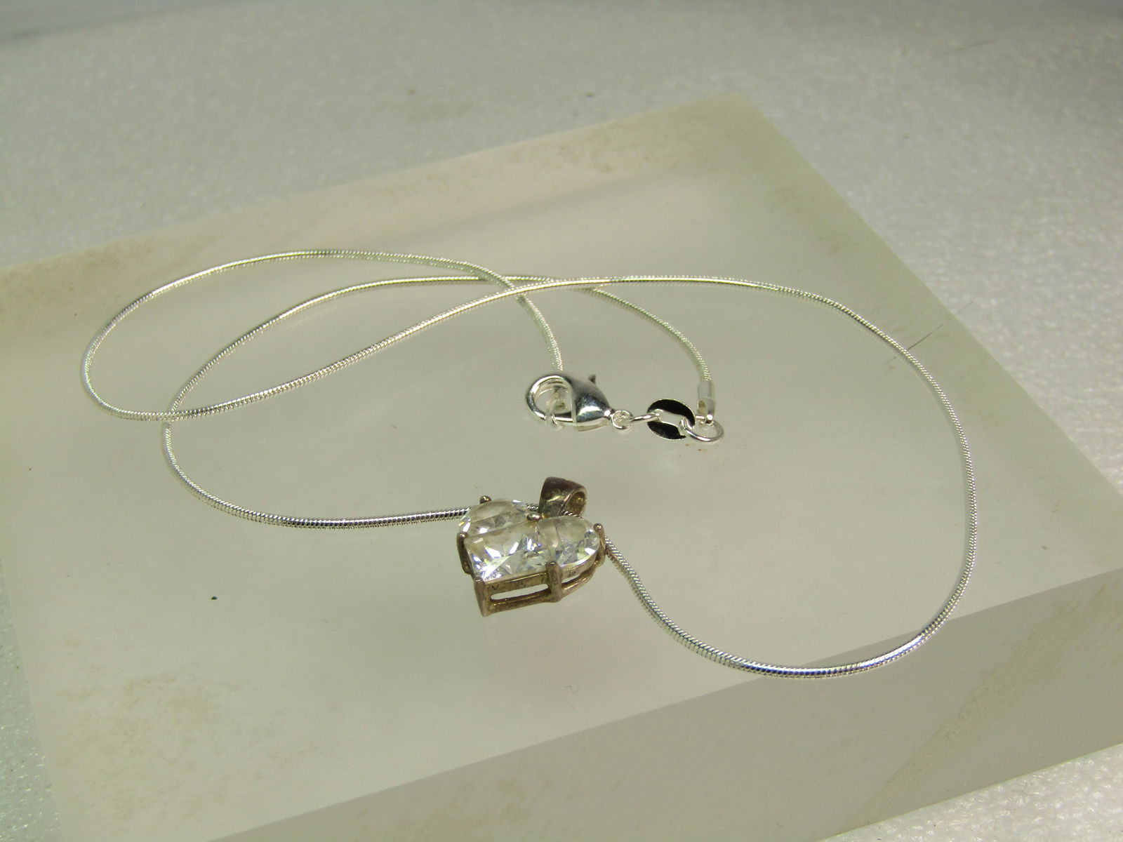 Vintage Sterlnig Heart CZ Necklace on 18" Serpentine Chain, 1980's-1990's - 4