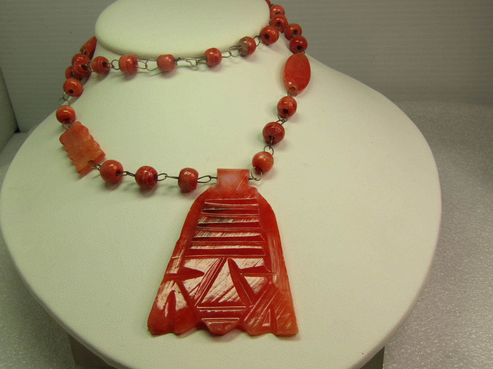 Vintage Carved Orange Quartz Tribal Necklace, 24", 1970's - 2