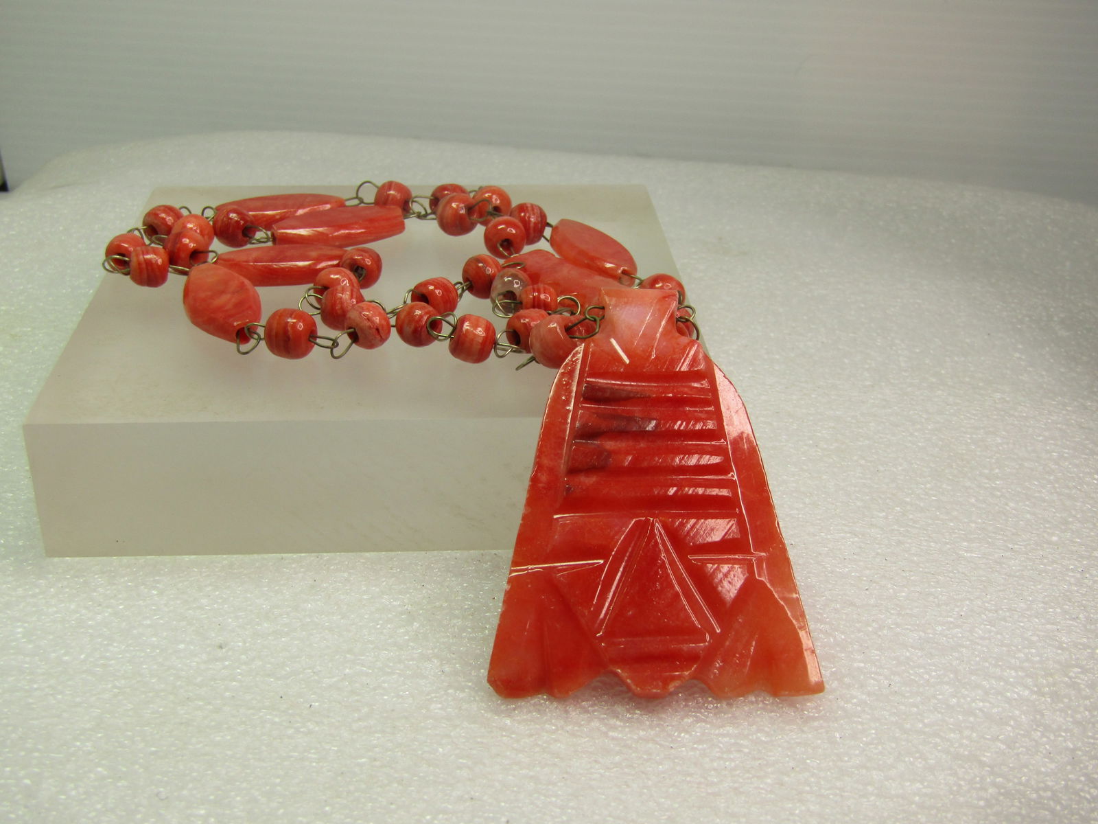 Vintage Carved Orange Quartz Tribal Necklace, 24", 1970's - 3