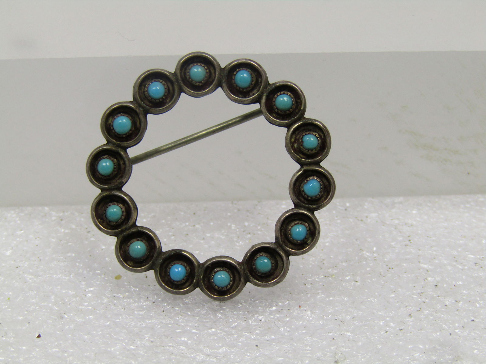 Vintage Sterling Southwestern/Zuni Turquoise Brooch, Circle, 1960's-1970's. Snake Eye Cabochons. - 2