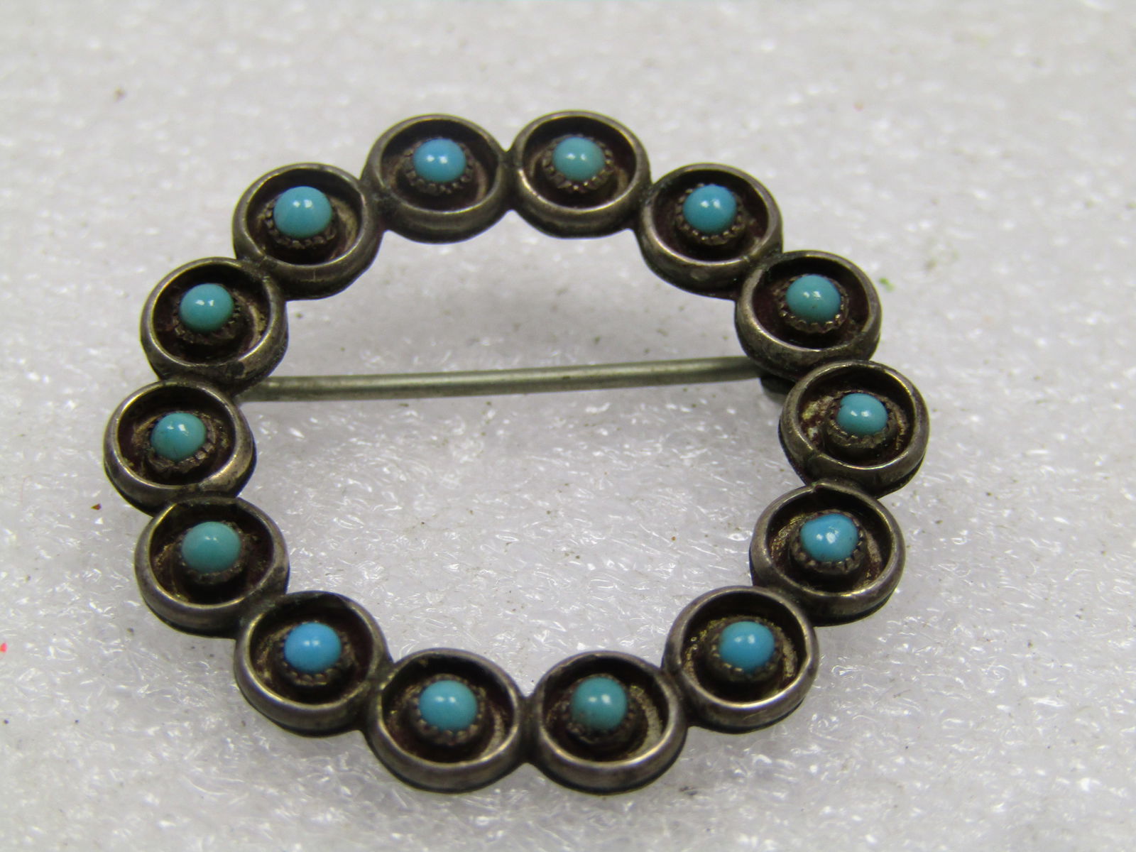 Vintage Sterling Southwestern/Zuni Turquoise Brooch, Circle, 1960's-1970's. Snake Eye Cabochons. - 5
