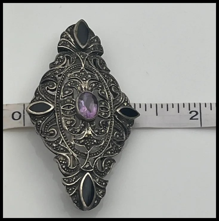 Vintage Sterling silver Art Deco Brooch with Marcasite, Onyx & Amethyst Stone - 6