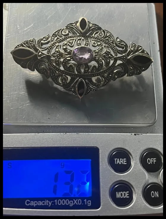 Vintage Sterling silver Art Deco Brooch with Marcasite, Onyx & Amethyst Stone - 7