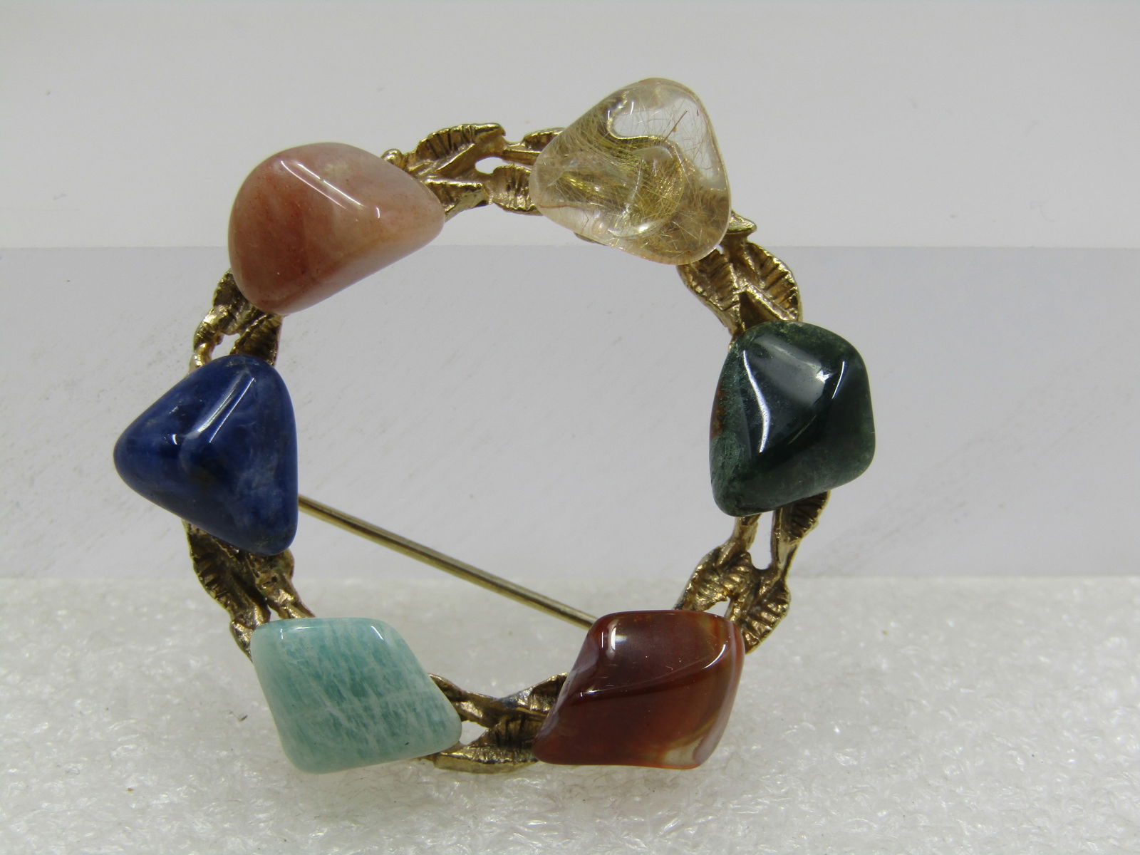 Vintage Polished Stone Circle Brooch, 1960's-1970's - 3