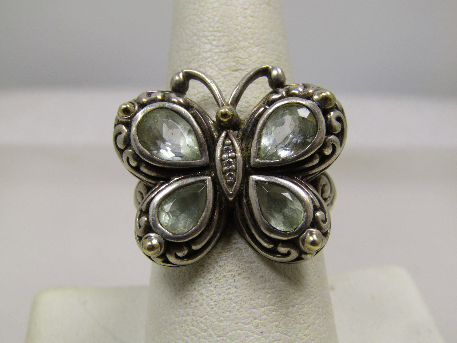 Sterling 14kt White Topaz Butterfly Ring, Sz. 8.5 Signed, 2000's: Sterling 14kt White Topaz Butterfly Ring, Sz. 8.5 Signed, 2000. This is signed ATR and Thailand and marked sterling and 14kt. The beads on the tops of the wings are what is 14kt. The ring tests as ste