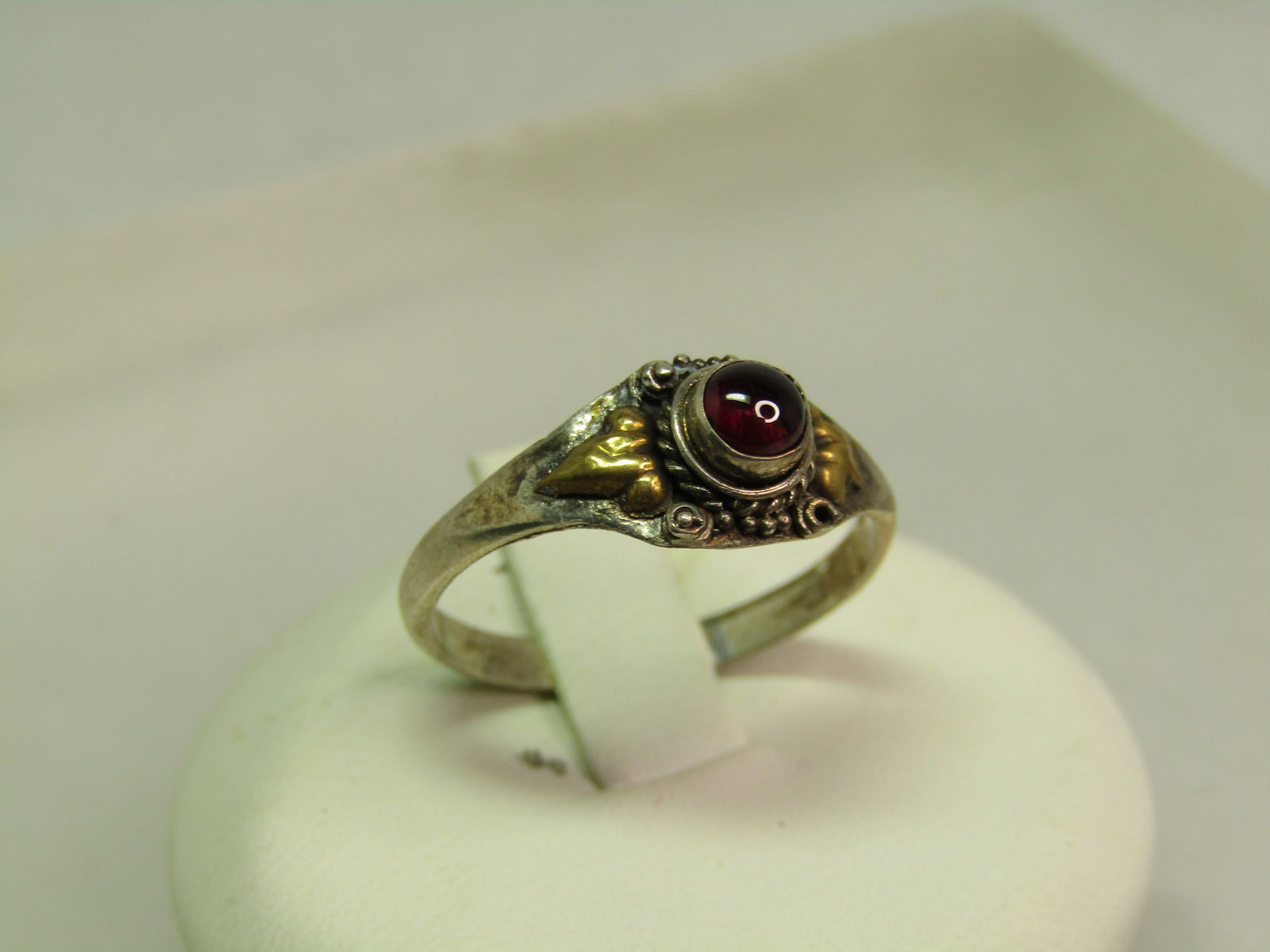 Vintage Sterling Garnet Ring, Sz. 8, Gold Tone Accents, Bali Themed, 1970's-1980's - 2