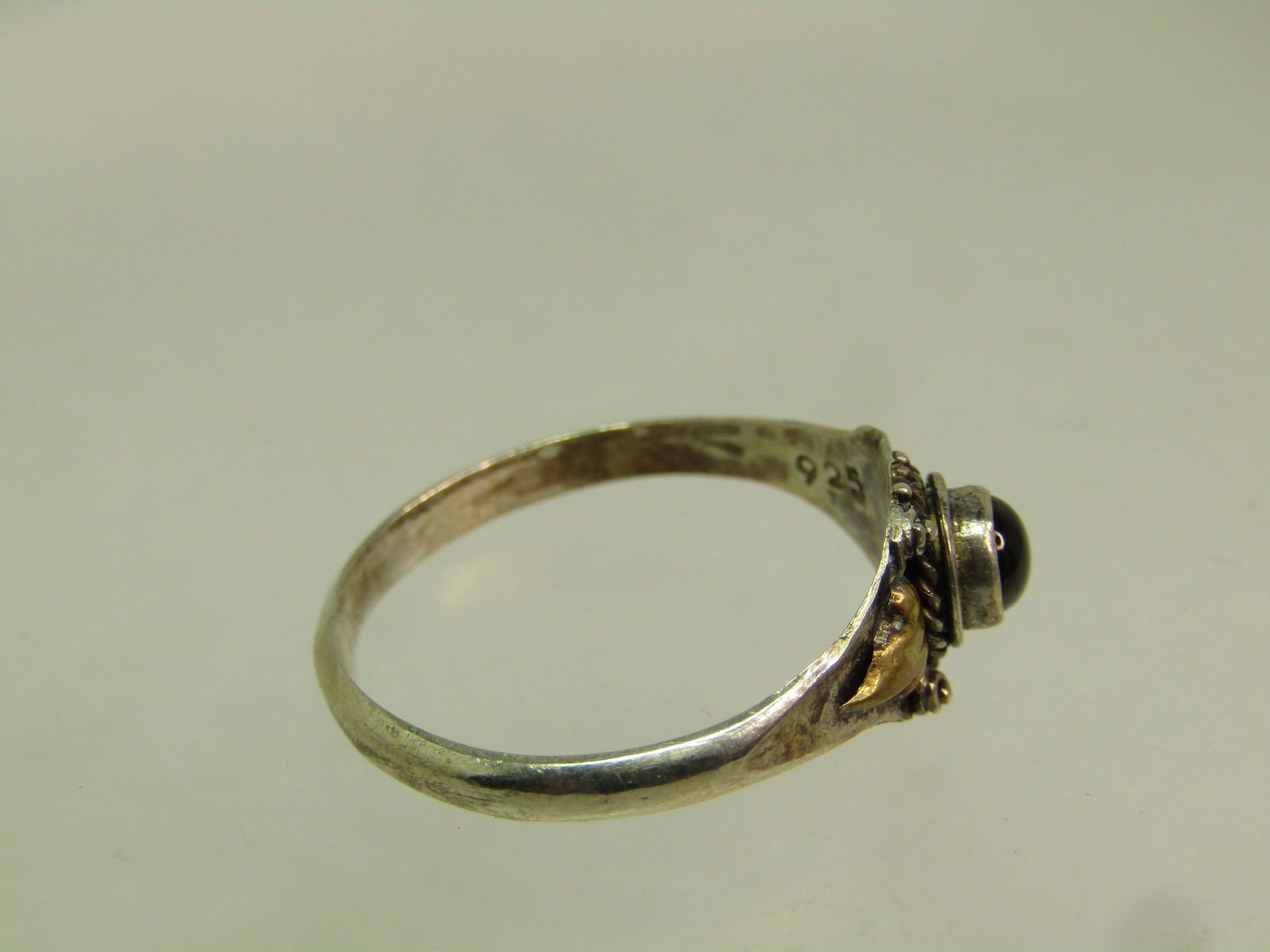 Vintage Sterling Garnet Ring, Sz. 8, Gold Tone Accents, Bali Themed, 1970's-1980's - 6