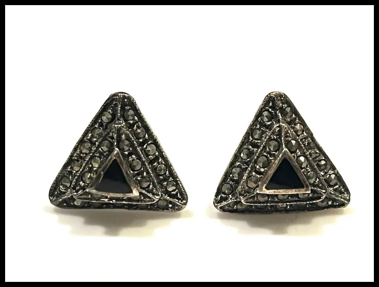 Vintage Sterling Silver, Marcasite, Black Onyx Triangle Post Earrings - 2