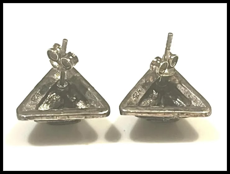 Vintage Sterling Silver, Marcasite, Black Onyx Triangle Post Earrings - 4