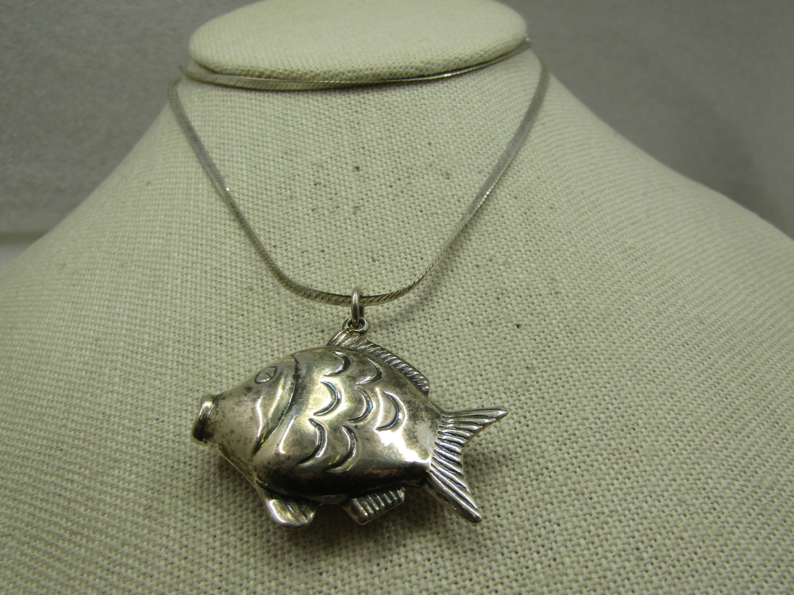 Vintage Sterling Puffy Fish Necklace, 30" 2mm Herringbone Chain, Signed (1 of 6)