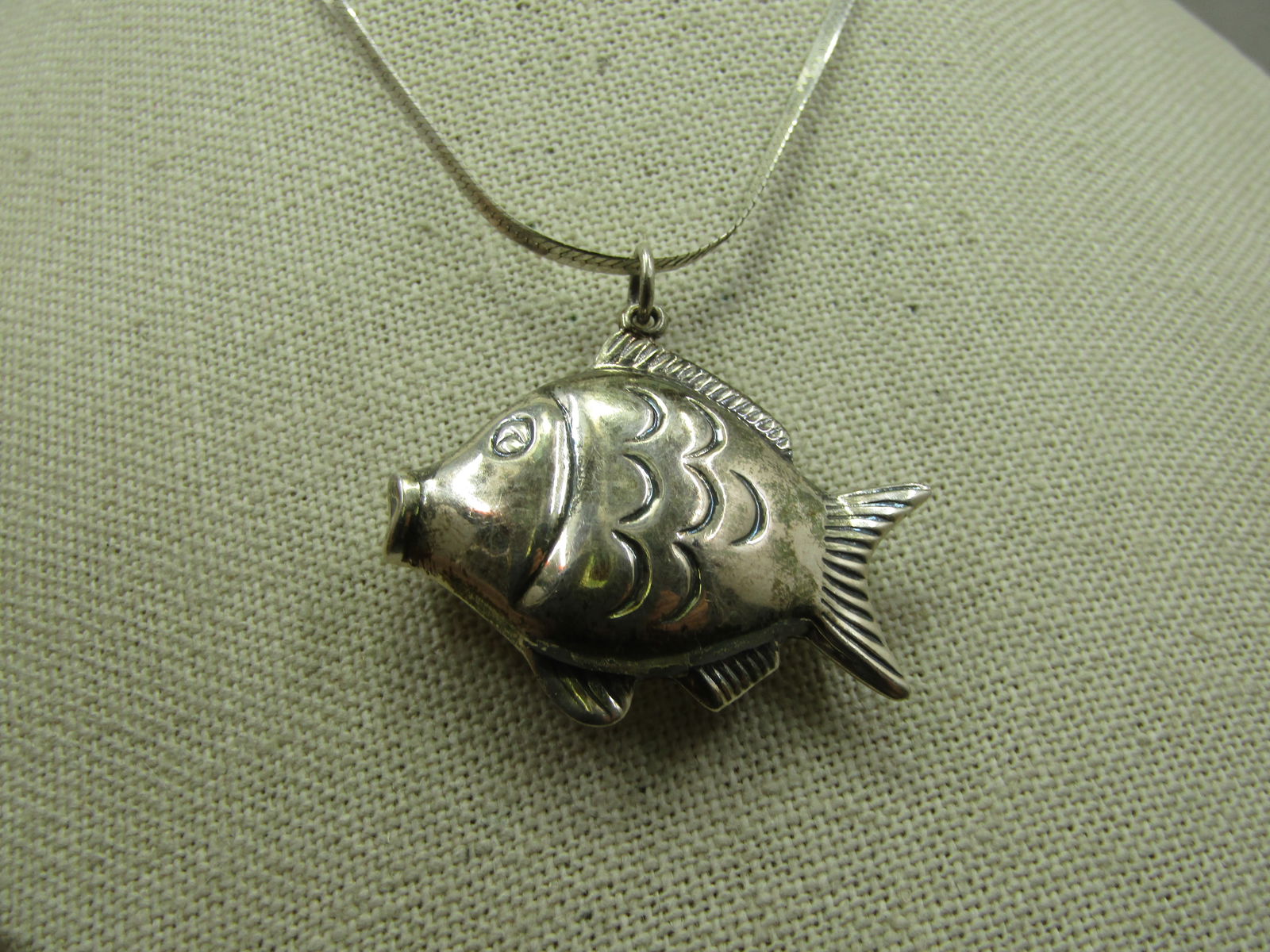 Vintage Sterling Puffy Fish Necklace, 30" 2mm Herringbone Chain, Signed - 2