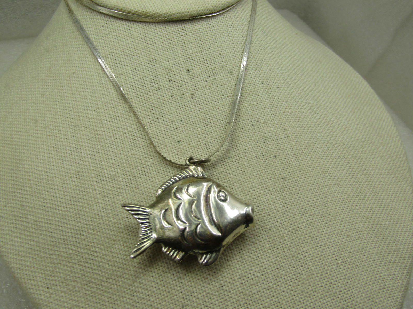 Vintage Sterling Puffy Fish Necklace, 30" 2mm Herringbone Chain, Signed - 4