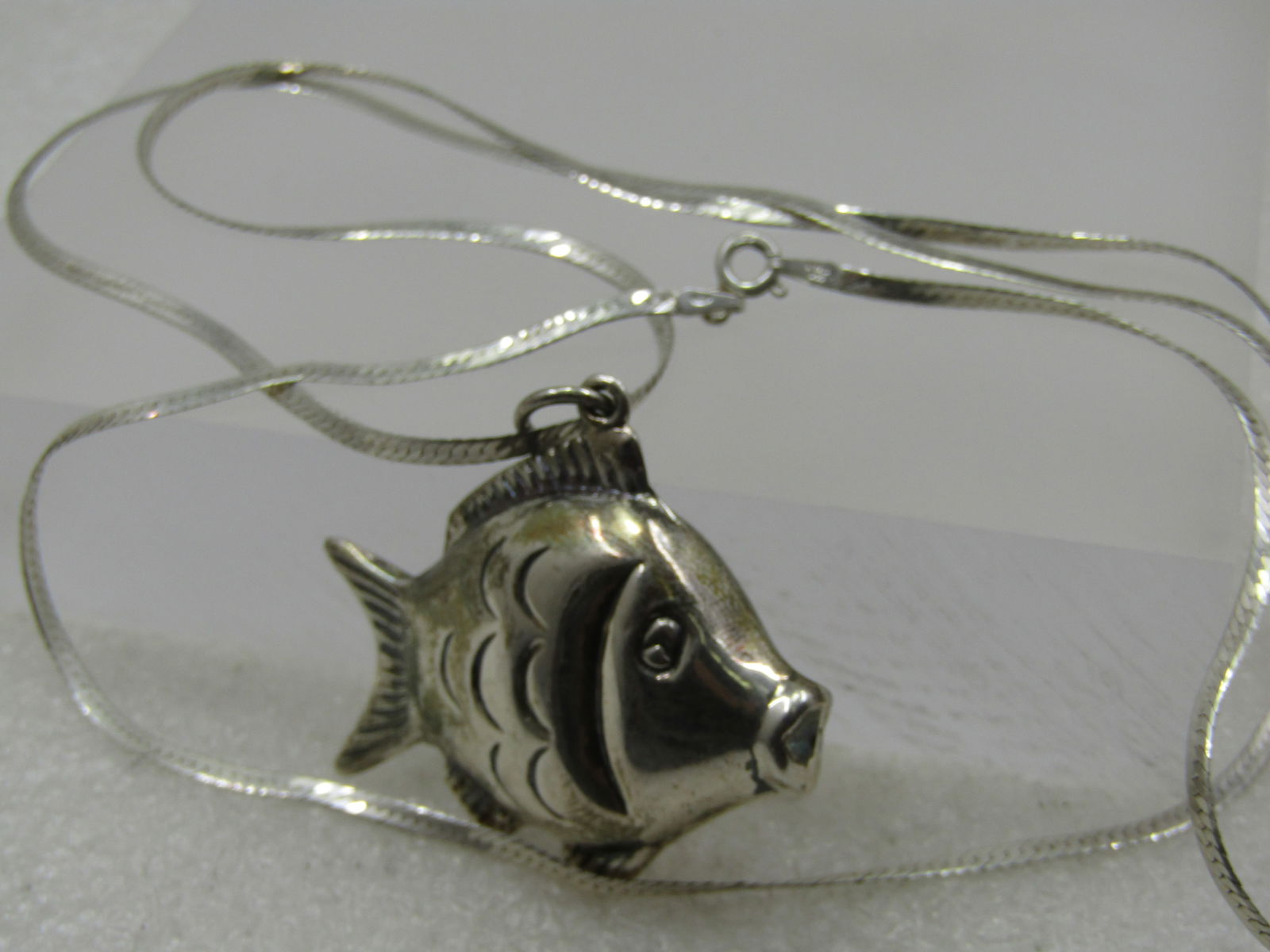 Vintage Sterling Puffy Fish Necklace, 30" 2mm Herringbone Chain, Signed - 6