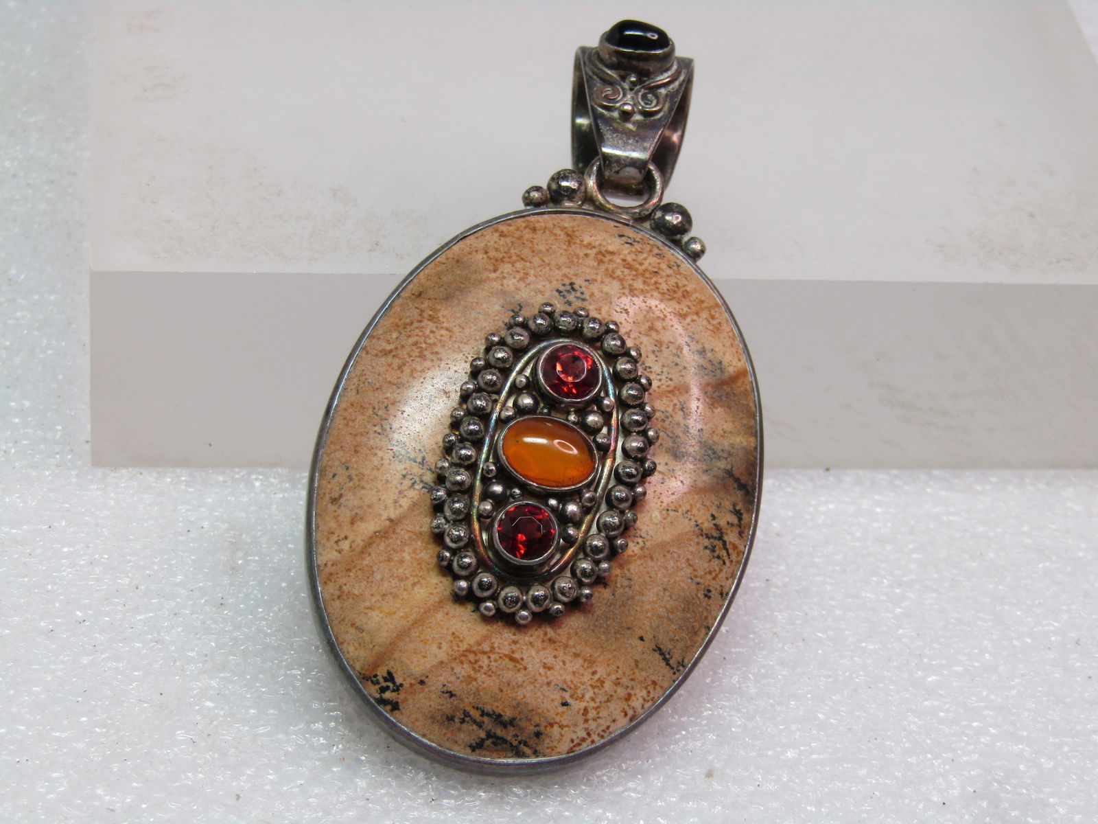 Vintage Sterling Bali Pendant with Onyx, Garnet, Agate, 1980's-1990's, Signed Sajen - 5