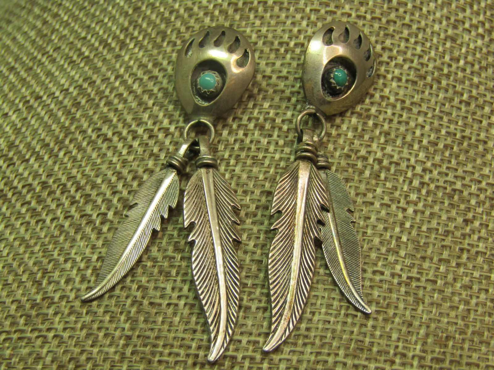 Vintage Sterling Southwestern Turquoise Bear Paw Earrings, Drop Feathers, On Card, 1970's-1980's - 2