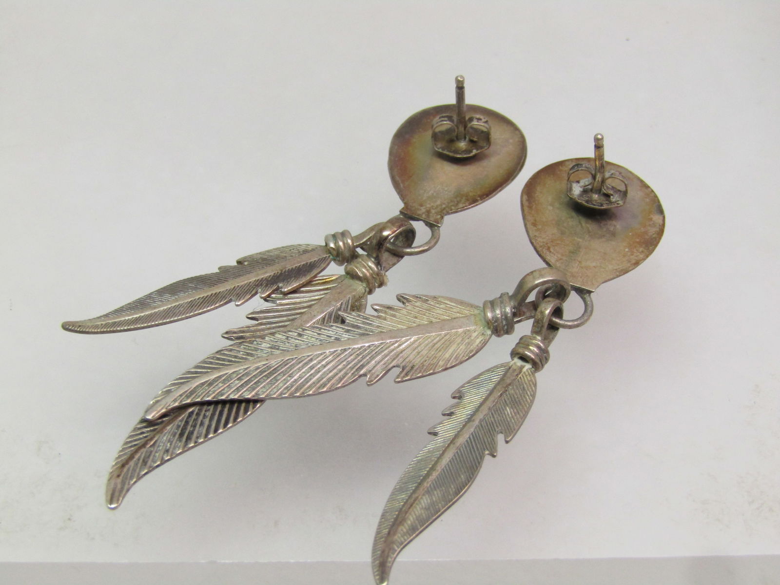 Vintage Sterling Southwestern Turquoise Bear Paw Earrings, Drop Feathers, On Card, 1970's-1980's - 4