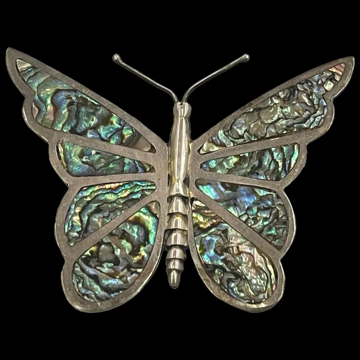 Large Sterling Silver & Abalone Butterfly Pin Brooch Signed Mexico (1 of 5)