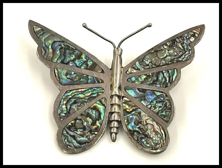 Large Sterling Silver & Abalone Butterfly Pin Brooch Signed Mexico - 2