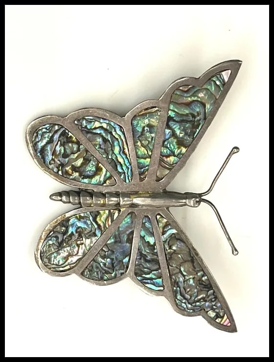 Large Sterling Silver & Abalone Butterfly Pin Brooch Signed Mexico - 3