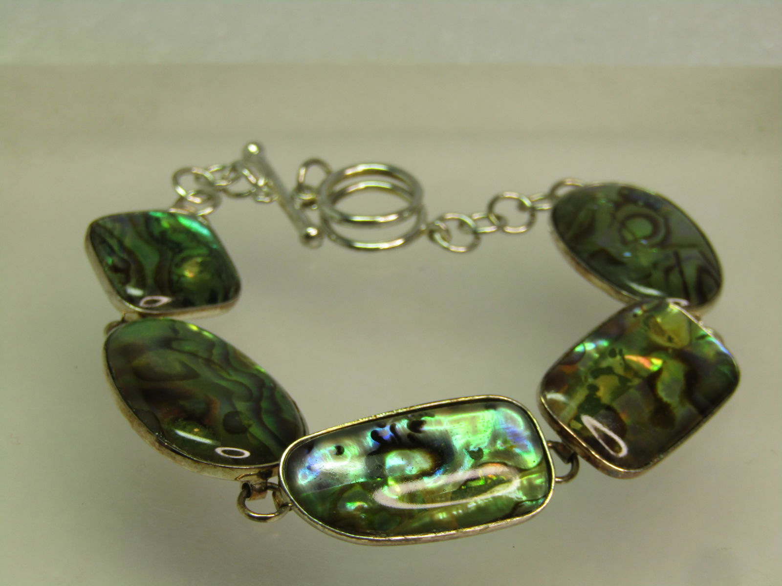 Vintage Sterling Silver Paua Shell Link Bracelet, 8", Signed LUC, 1980's-1990's - 3