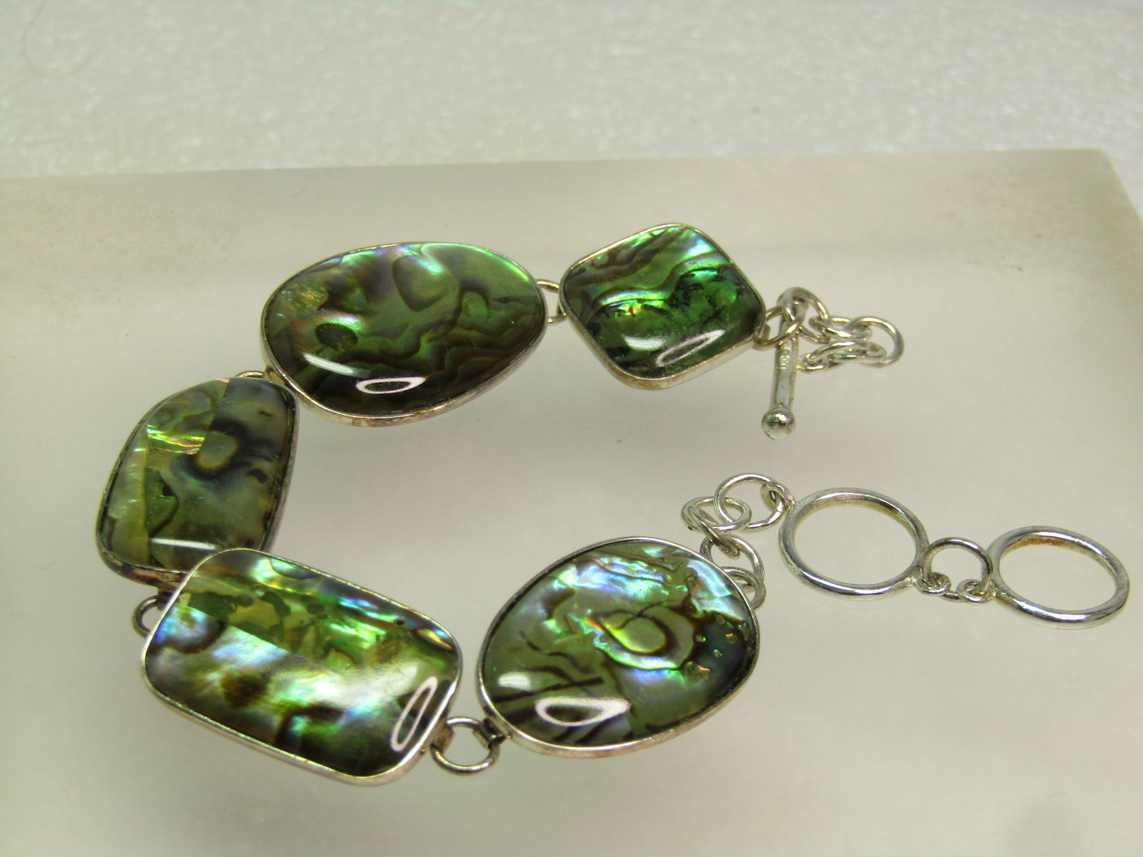 Vintage Sterling Silver Paua Shell Link Bracelet, 8", Signed LUC, 1980's-1990's - 5