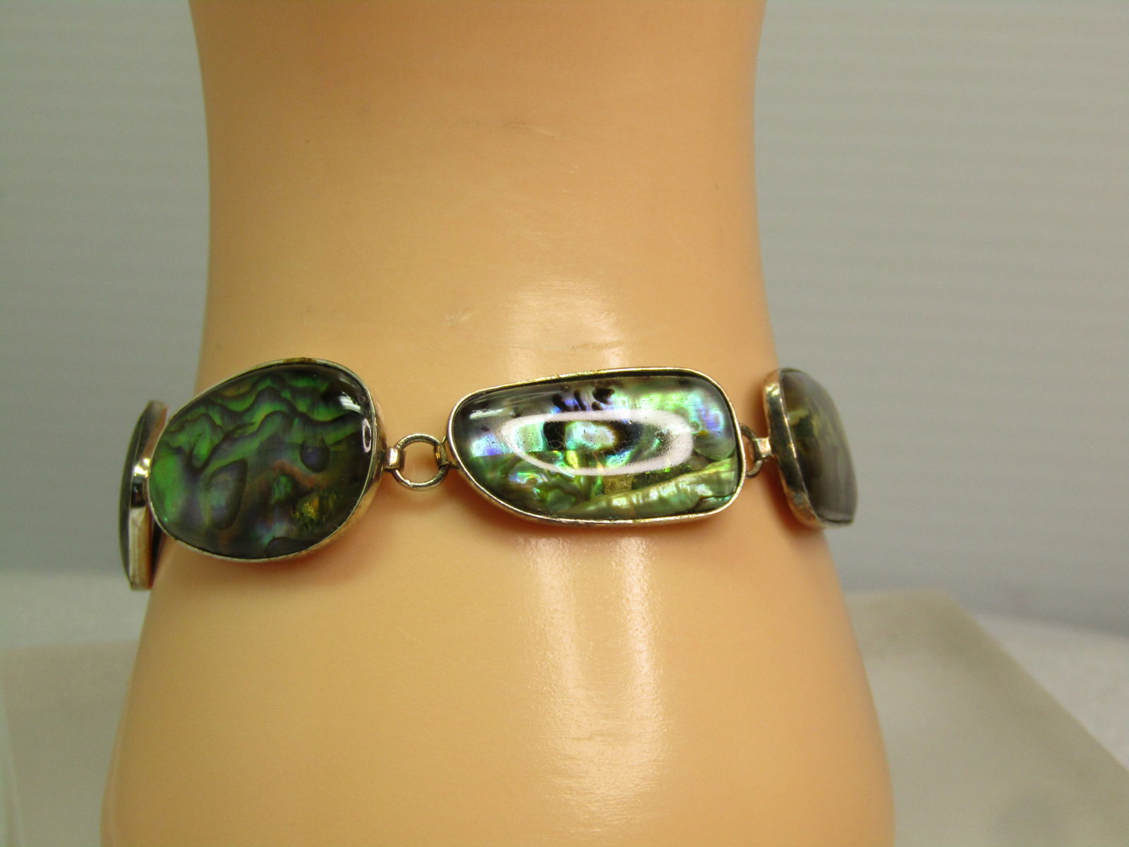 Vintage Sterling Silver Paua Shell Link Bracelet, 8", Signed LUC, 1980's-1990's - 6