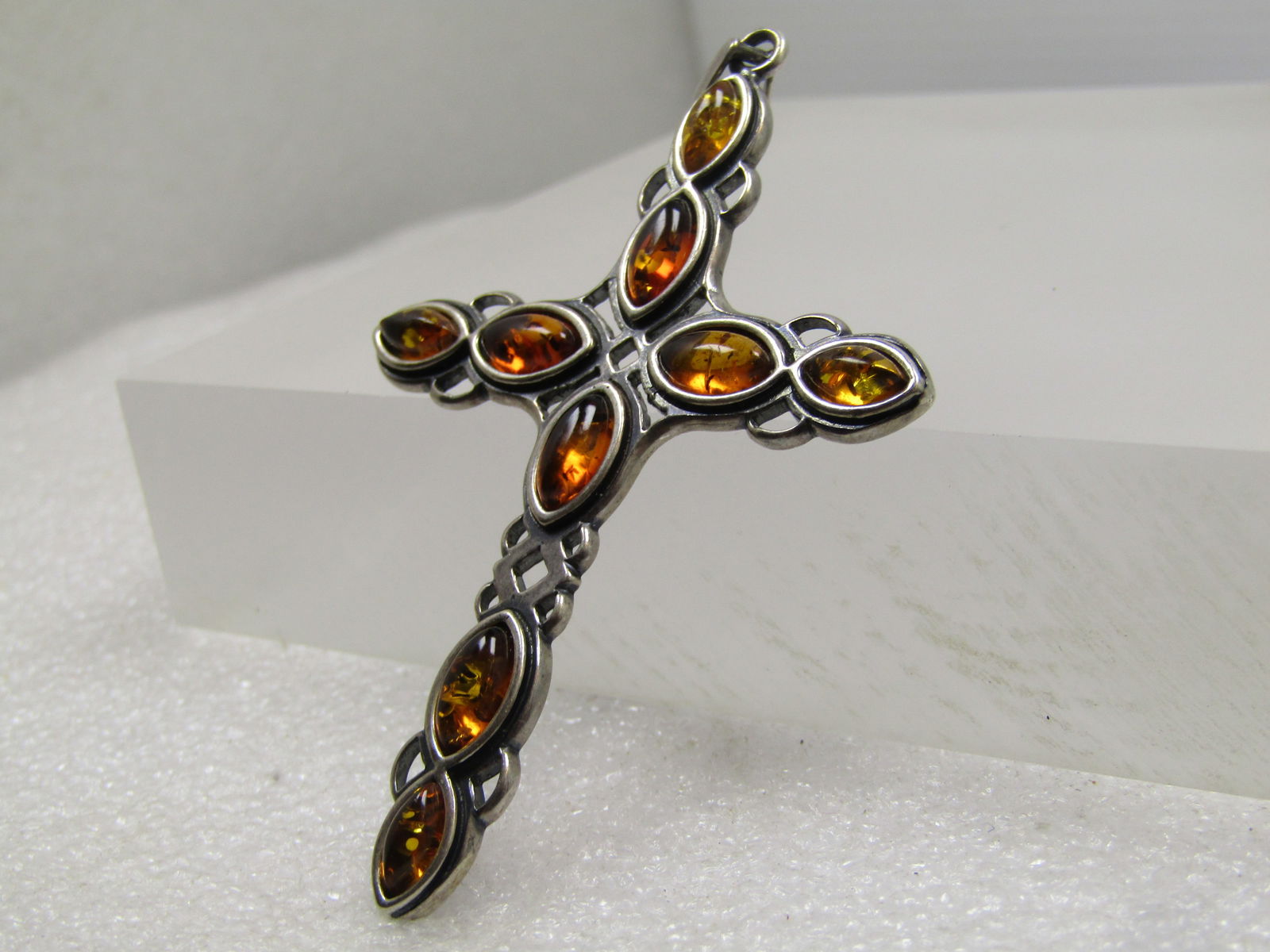 Vintage Sterling Amber Cross Pendant, Celtic Acccents, 3", 1980's-1990's - 2
