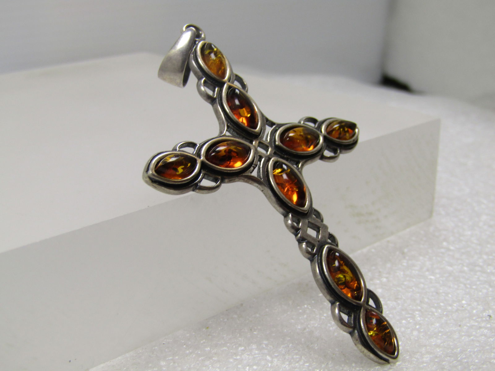 Vintage Sterling Amber Cross Pendant, Celtic Acccents, 3", 1980's-1990's - 3