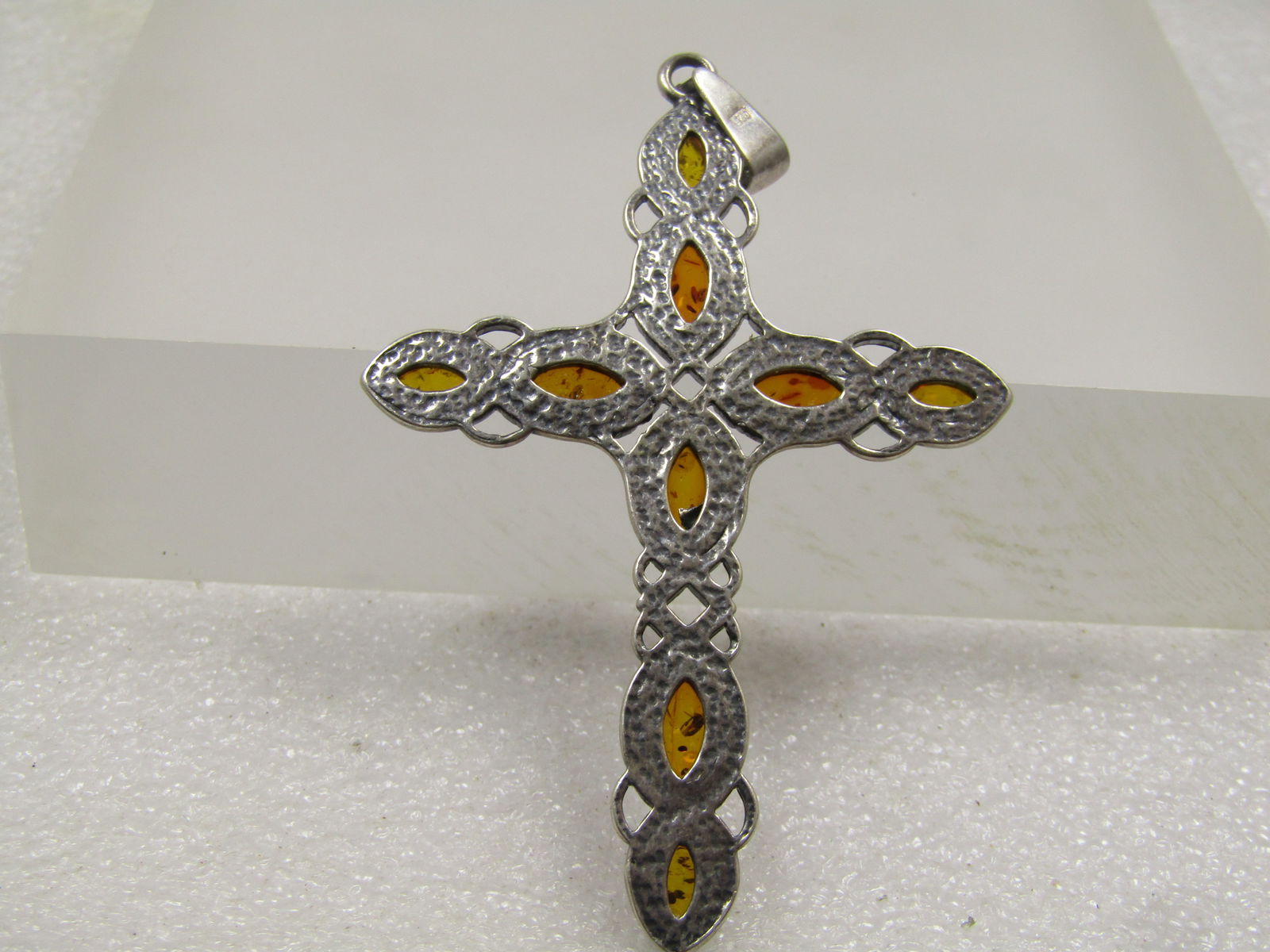 Vintage Sterling Amber Cross Pendant, Celtic Acccents, 3", 1980's-1990's - 4