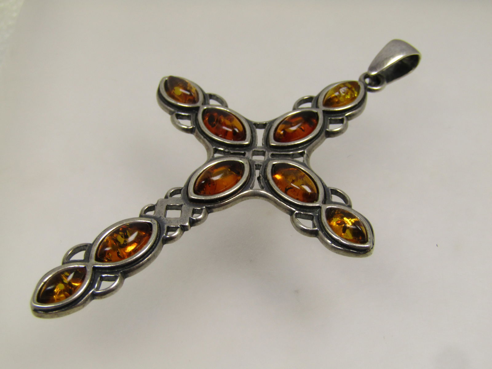 Vintage Sterling Amber Cross Pendant, Celtic Acccents, 3", 1980's-1990's - 5