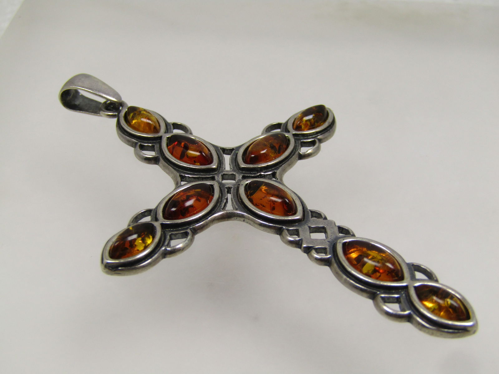 Vintage Sterling Amber Cross Pendant, Celtic Acccents, 3", 1980's-1990's - 6