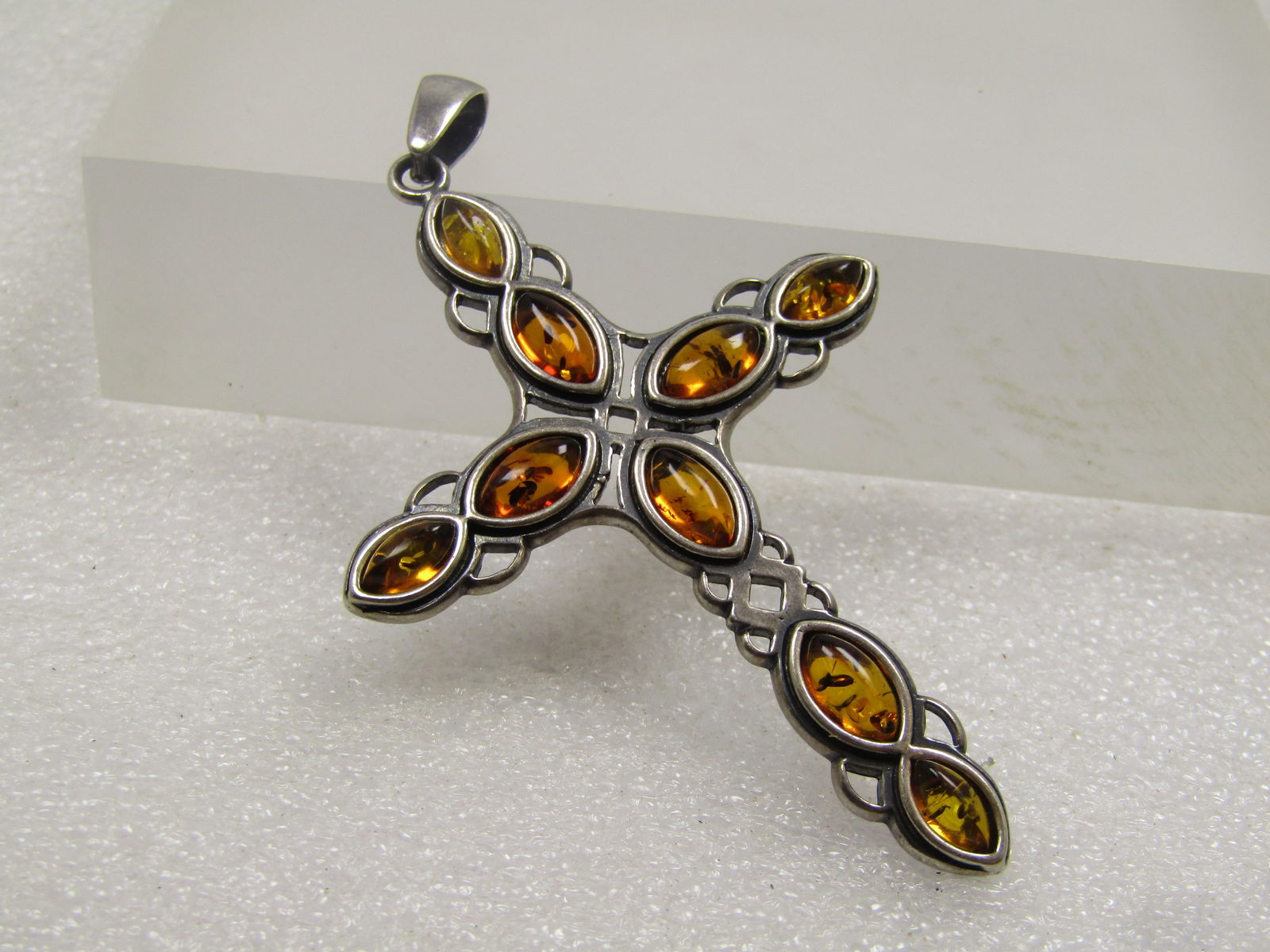 Vintage Sterling Amber Cross Pendant, Celtic Acccents, 3", 1980's-1990's - 7