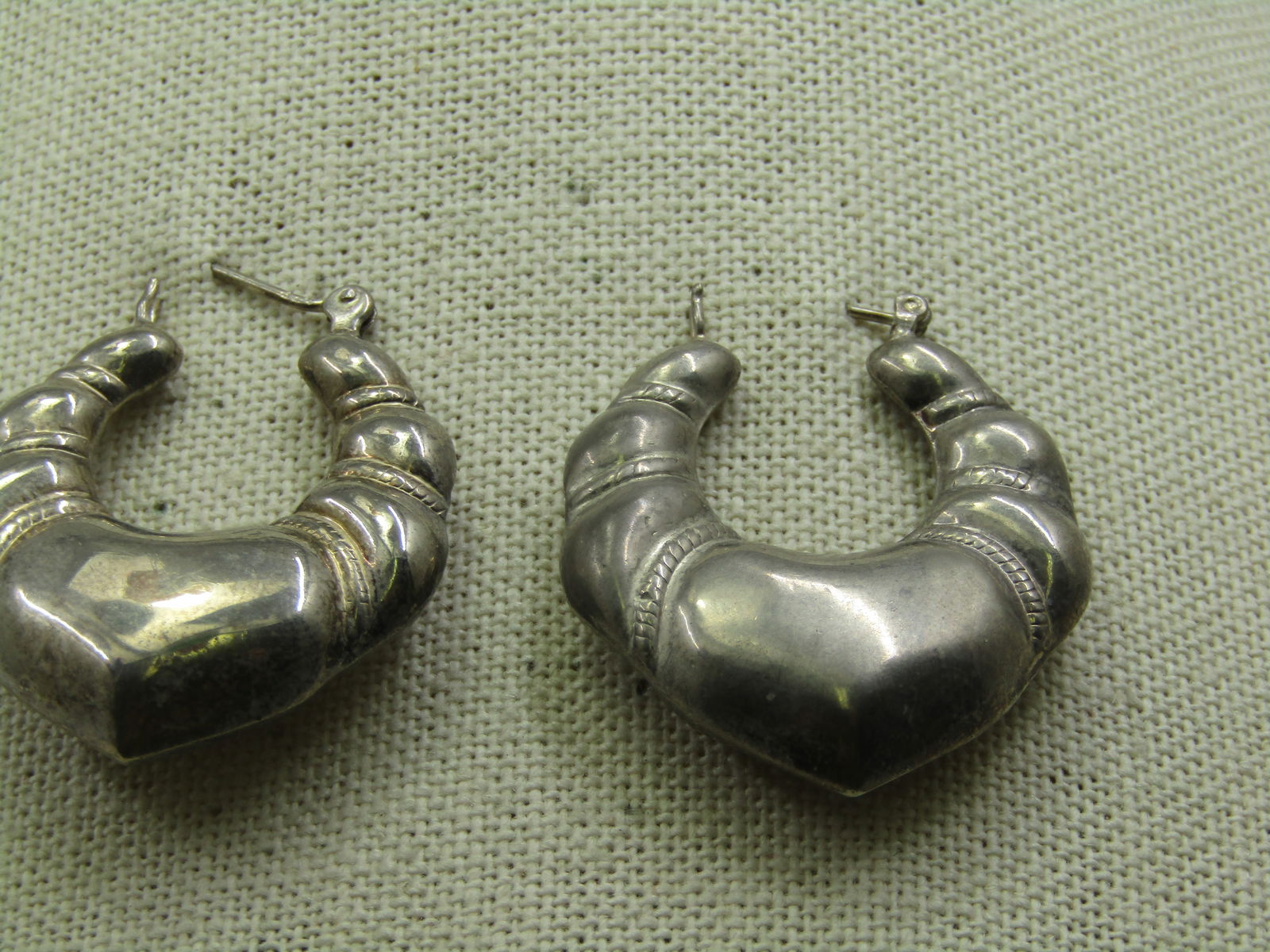 Vintage Sterling Puffy Ridged Pierced Earrings, 1960's-1980's, 1.5", Boho - 6