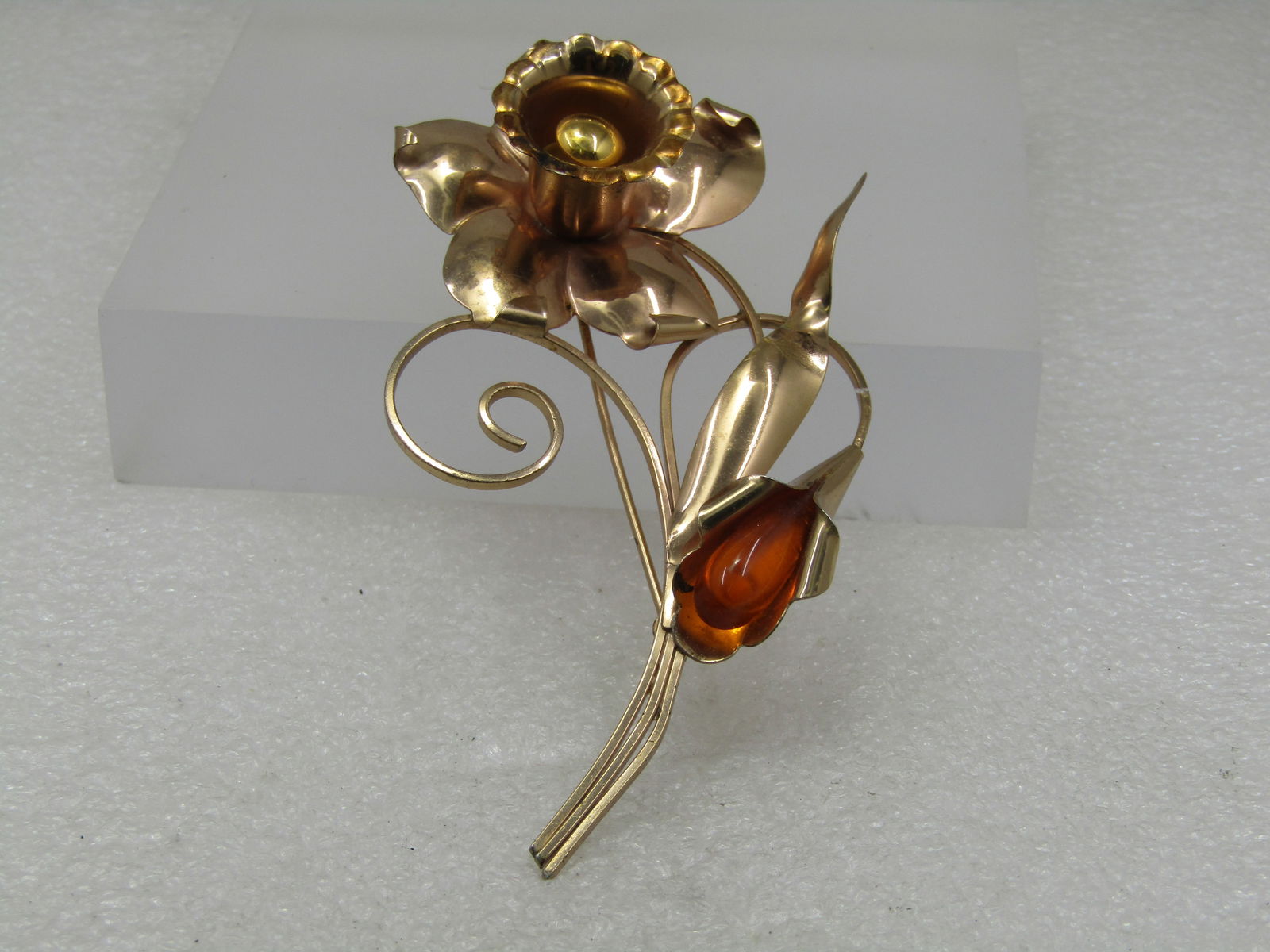 Vintage Coro Sterling Gold Over Floral Brooch, Faux Amber, Mid-Century - 3