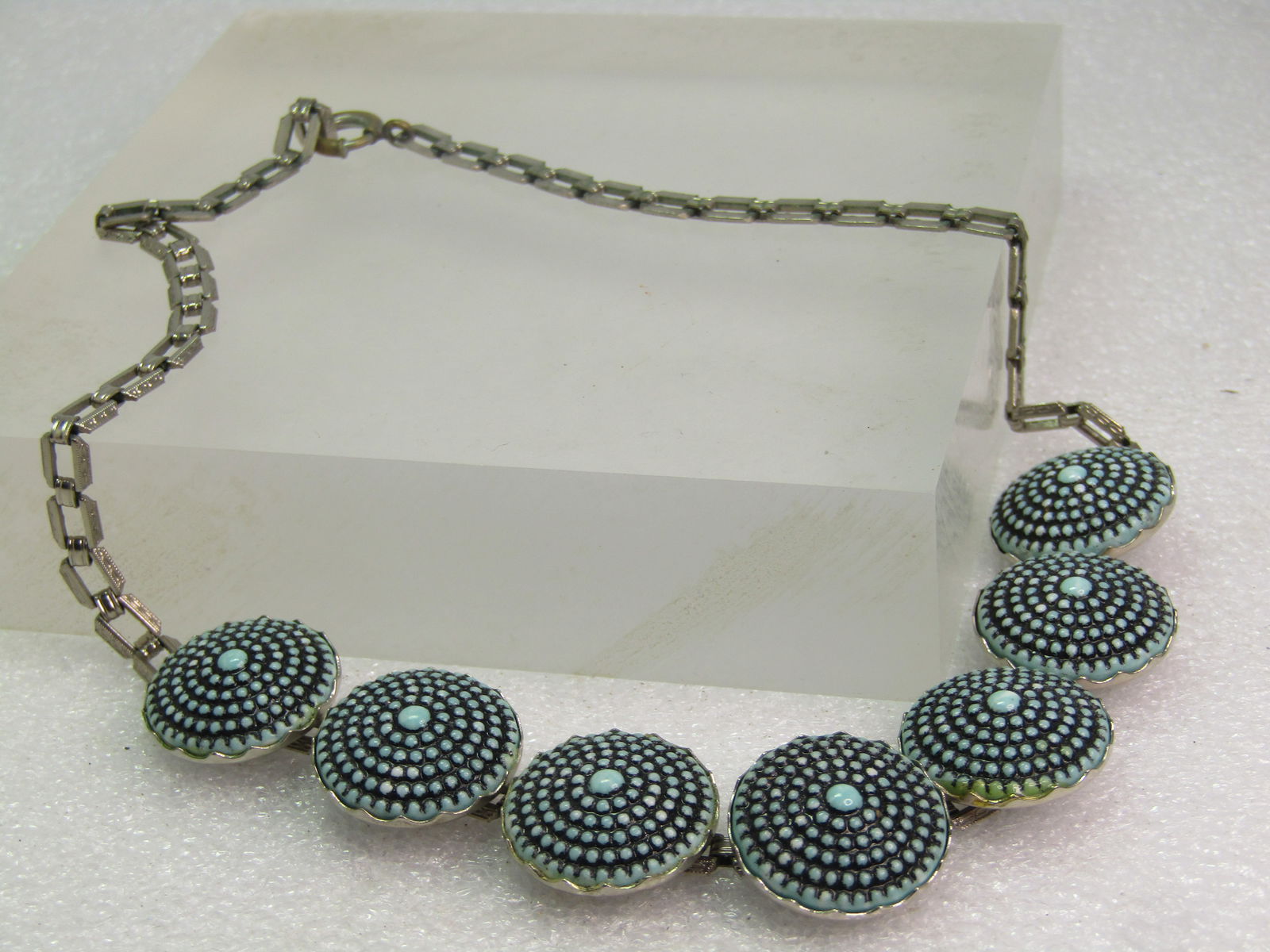 Vintage Pressed Turquoise Glass Tiered Necklace, 15", 1940's - 4