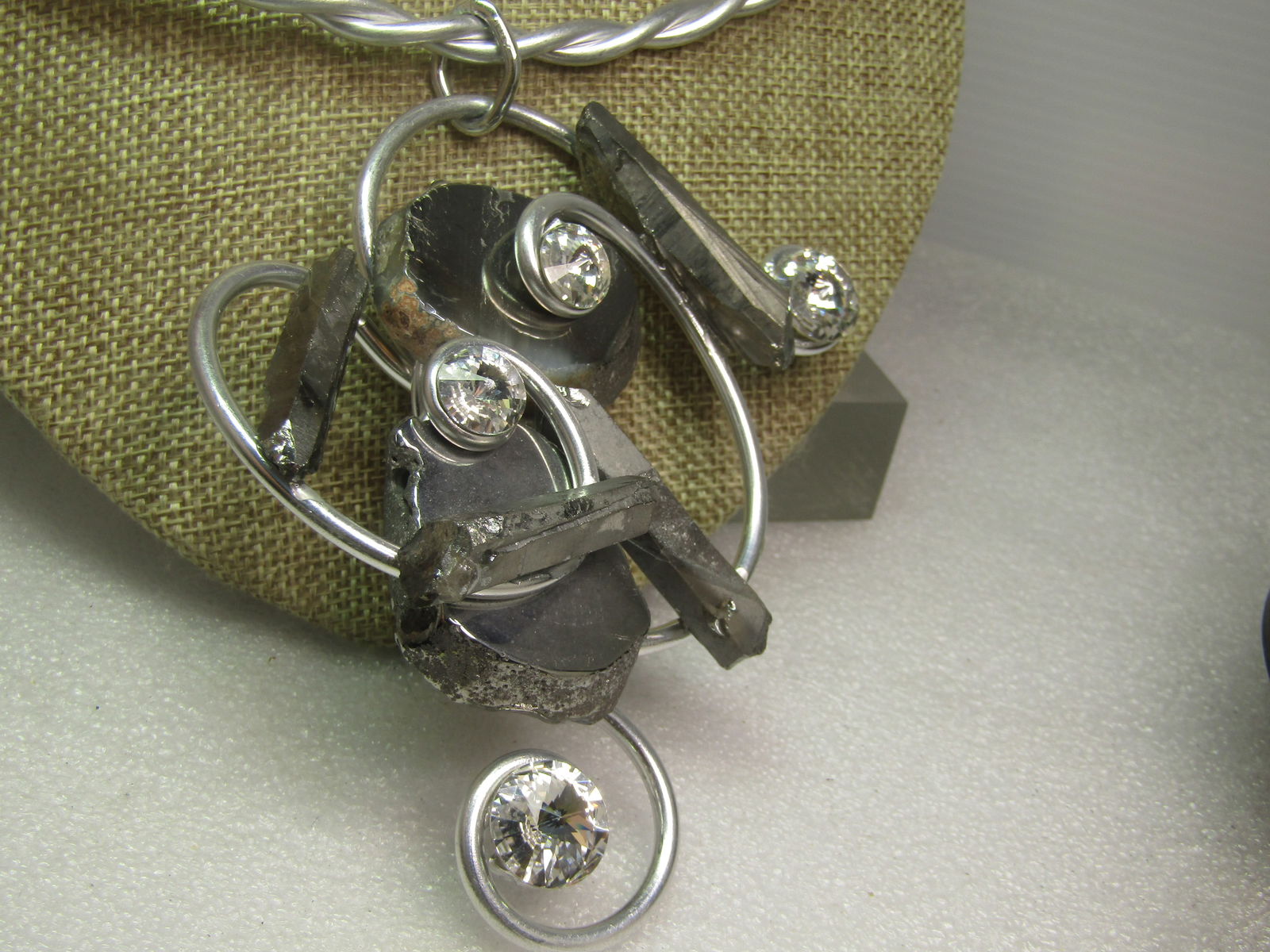 Vintage Jeff Lieb Twisted Collar Art/Mod/Abstract Necklace, 15", Pyrite, Crystals, 1970's-1990's - 2