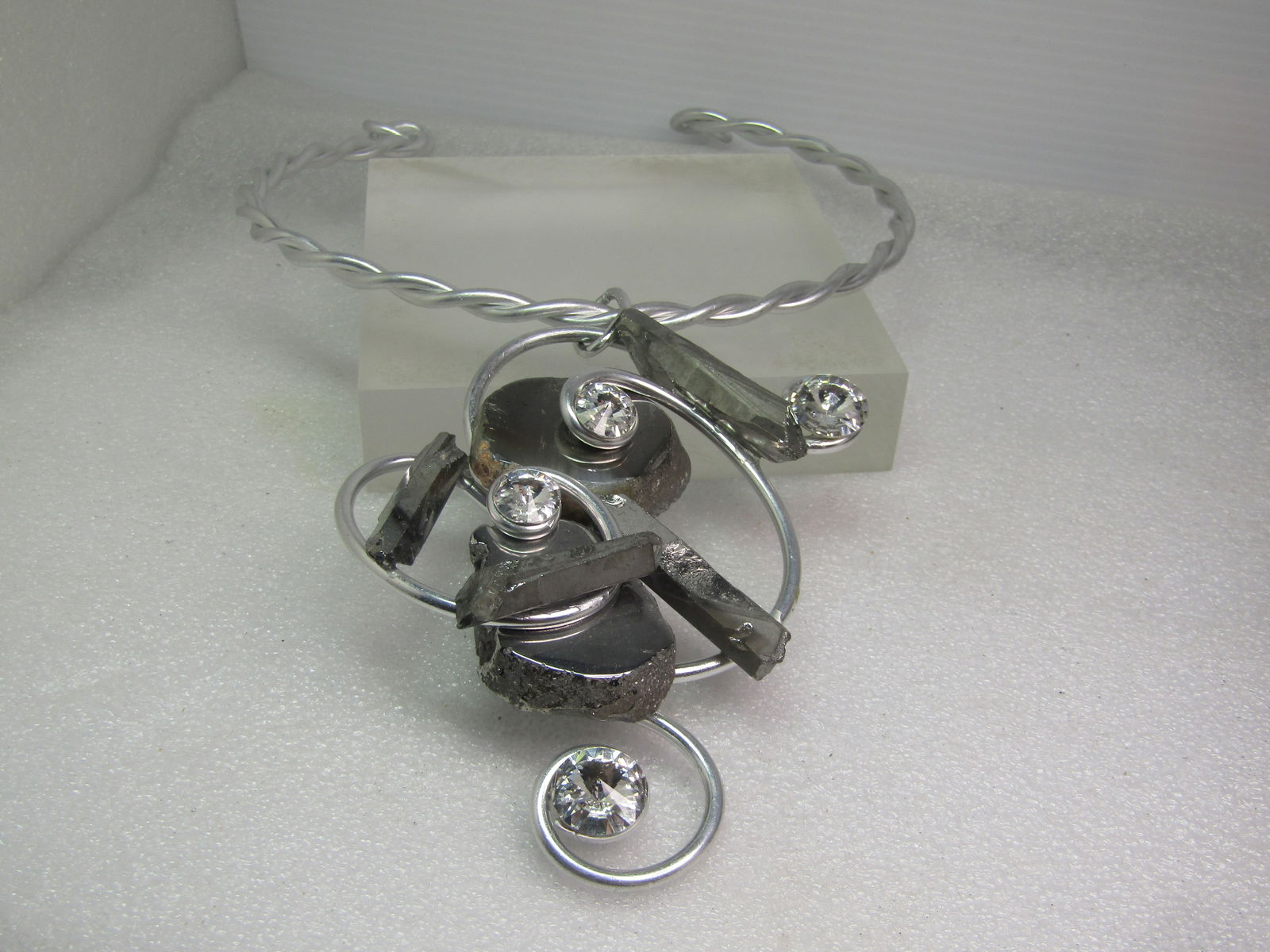 Vintage Jeff Lieb Twisted Collar Art/Mod/Abstract Necklace, 15", Pyrite, Crystals, 1970's-1990's - 5