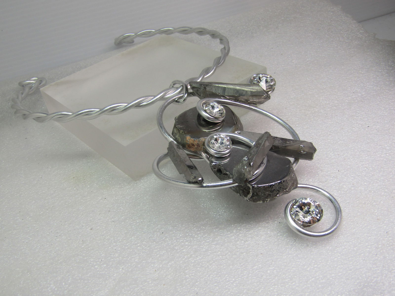 Vintage Jeff Lieb Twisted Collar Art/Mod/Abstract Necklace, 15", Pyrite, Crystals, 1970's-1990's - 6