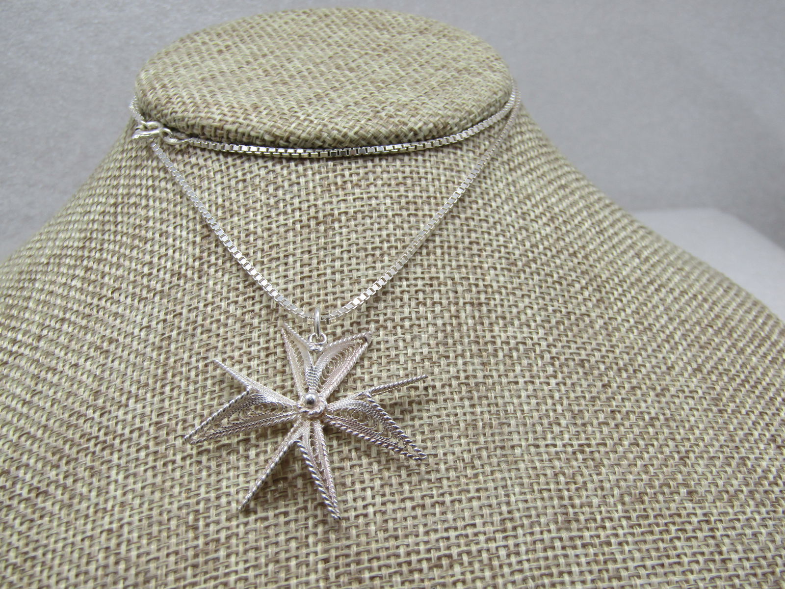 Vintage Sterling Filigree Maltese Cross Necklace, 21.5" Box Chain, Signed: Vintage Sterling Filigree Maltese Cross Necklace, 21.5" Box Chain, Signed CAA on the pendant and AR on the chain. Both pieces marked .925 and tested and test as sterling with an appx. weight of 8.70 g