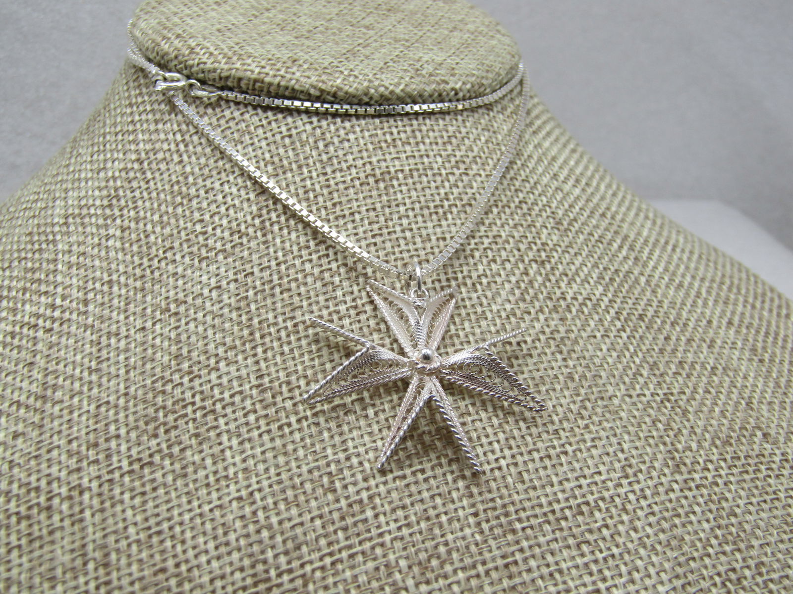 Vintage Sterling Filigree Maltese Cross Necklace, 21.5" Box Chain, Signed - 2