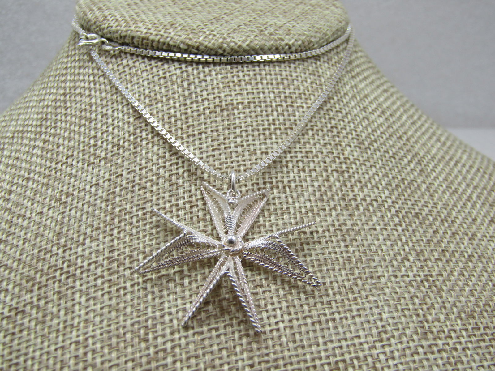 Vintage Sterling Filigree Maltese Cross Necklace, 21.5" Box Chain, Signed - 3