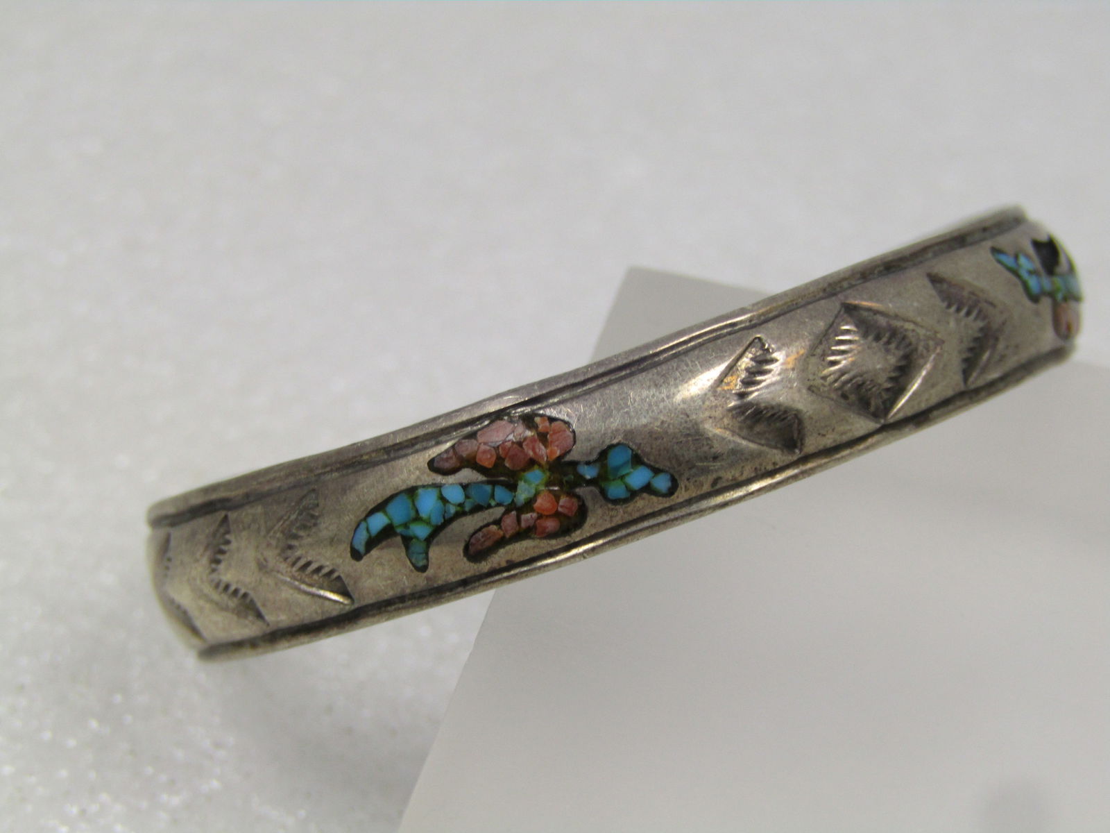 Vintage Sterling Southestern Inlaid Chip Cuff Bracelet, 6", 1960's-1970's, Signed Nakai - 2
