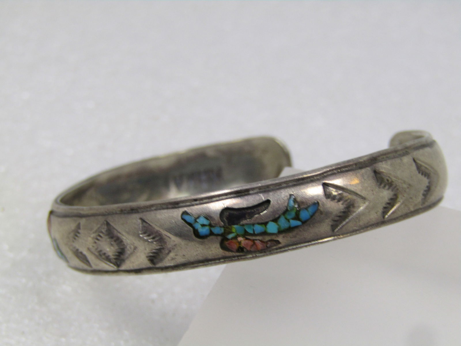 Vintage Sterling Southestern Inlaid Chip Cuff Bracelet, 6", 1960's-1970's, Signed Nakai - 3