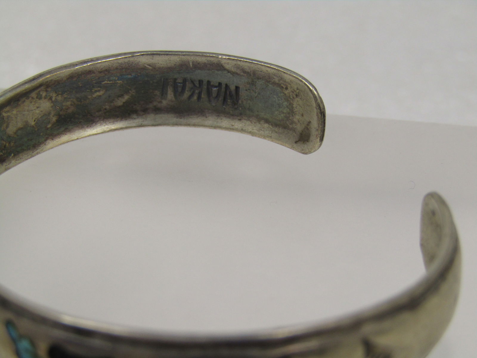 Vintage Sterling Southestern Inlaid Chip Cuff Bracelet, 6", 1960's-1970's, Signed Nakai - 4