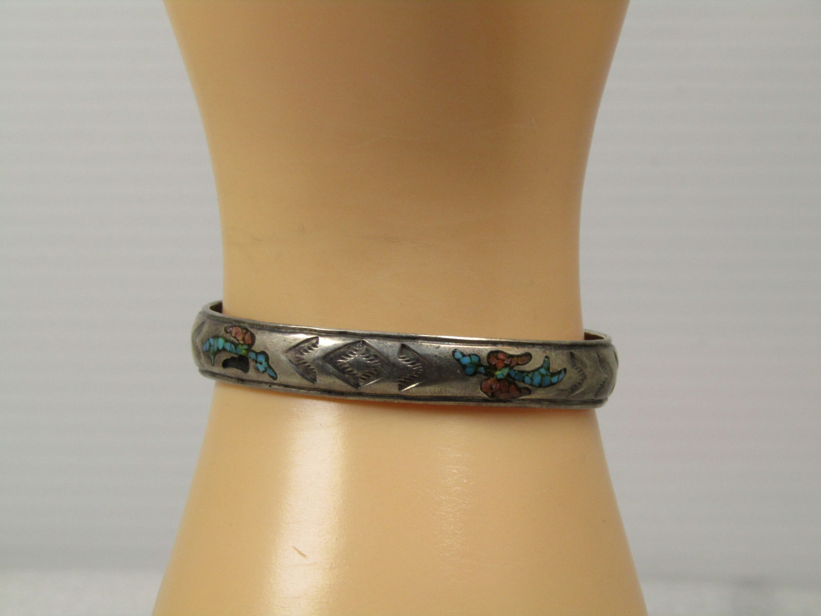 Vintage Sterling Southestern Inlaid Chip Cuff Bracelet, 6", 1960's-1970's, Signed Nakai - 6