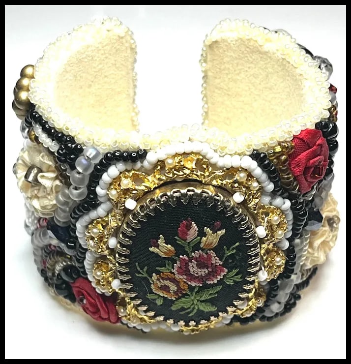 Vintage Handmade Artisan Beaded Flower Bracelet/Cuff - 2