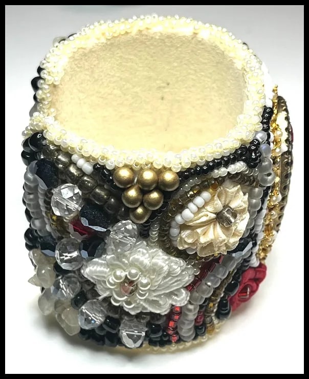 Vintage Handmade Artisan Beaded Flower Bracelet/Cuff - 5